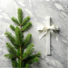 white cross, pine branches, white pinecones, and golden stars on marble.