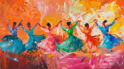 Dynamic painting captures the motion of dancers with vivid, expressive brushwork.