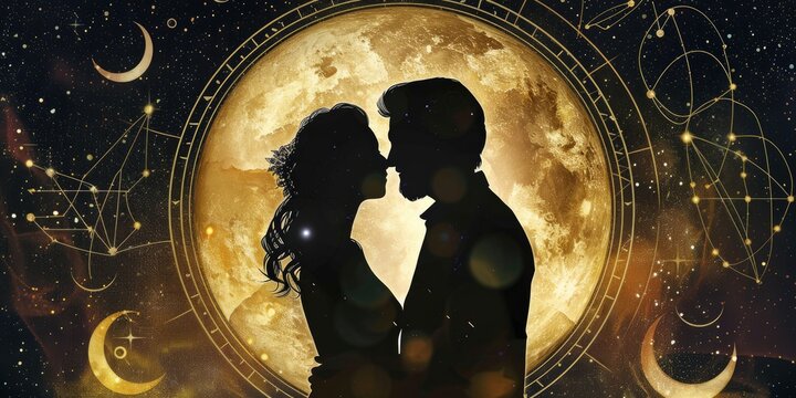 Illustration of astrological compatibility, couple on stars background