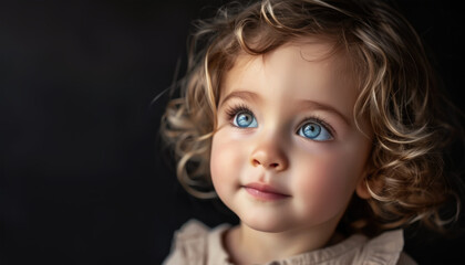 A close-up portrait of a toddler with captivating blue eyes and curly hair, gazing upward with an expression of wonder against a dark background.
