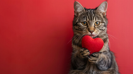 Cute cat holding a red heart isolated on red background