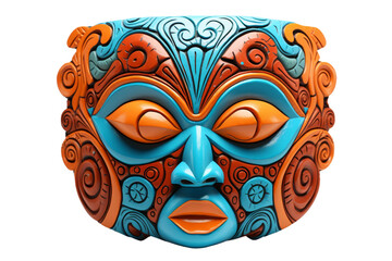 Naklejka premium A blue and orange mask with a blue nose and orange eyes. The mask is made of wood and has a tribal design