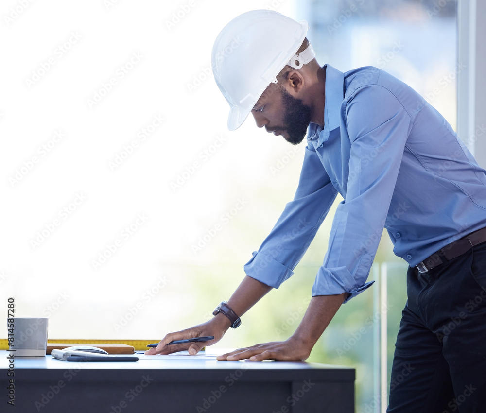 Aufkleber black man, office and drawing on blueprint with pencil for planning a building design, layout and pr