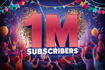 1 Million Subscribers text surrounded by confetti, balloons, and cheering people. 1M Subscribers celebration concept.
