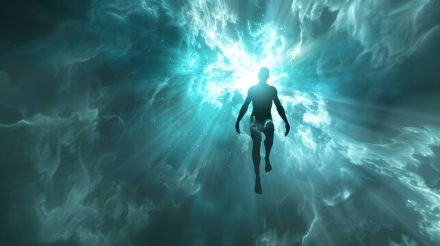 Human soul floats in an abstract space, depicting the astral body and afterlife realms.