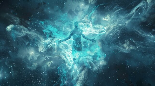 Human soul floats in an abstract space, depicting the astral body and afterlife realms.