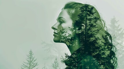 Mysterious double exposure artwork blending a woman with a lush forest.