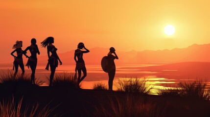 Fototapeta premium Silhouettes of Africans at sunset in the desert.