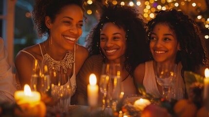 A festive celebration of an LGBTQ+ family, two mothers and their two daughters, celebrating a special occasion over a beautifully decorated dinner table, candles flickering, and smiles radiating from