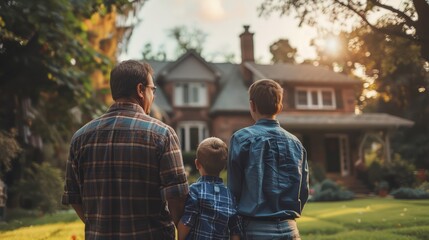 A powerful image of an LGBTQ+ family, two fathers and their son, standing proudly in front of their home, holding hands, as they look out at their peaceful neighborhood, representing the strength and