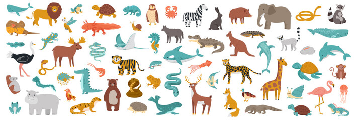 Big set of animals. Domestic and wild fauna. Cute characters as reptiles, birds, fish and mammals. Exotic flamingo