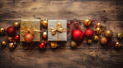 Naklejka premium from above red and gold christmas decorations on a rustic wooden background, copy space, seasonal concept