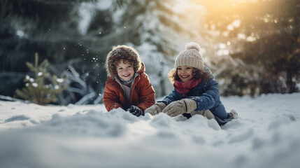 young children dressed in warm brightly coulored clothing laughing having fun playing in the freshly fallen snow