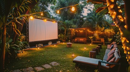 Summer movie theater with outdoor projector screen and seating for corporate events in the garden. Backyard movie night setup Decorating light bulbs at outdoor parties