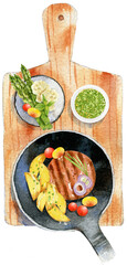 PNG Watercolor food illustration: frying pan with grilled meat, french fries and vegetables on a wooden board. Menu clipart.
