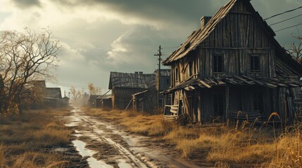 Village life in the post-apocalyptic world. Copy Space.