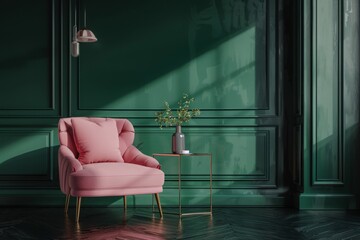 Art Deco interior in classic style with pink armchair and pillow.Vase on table.Dark green wall with ceiling lamp. 3d rendering