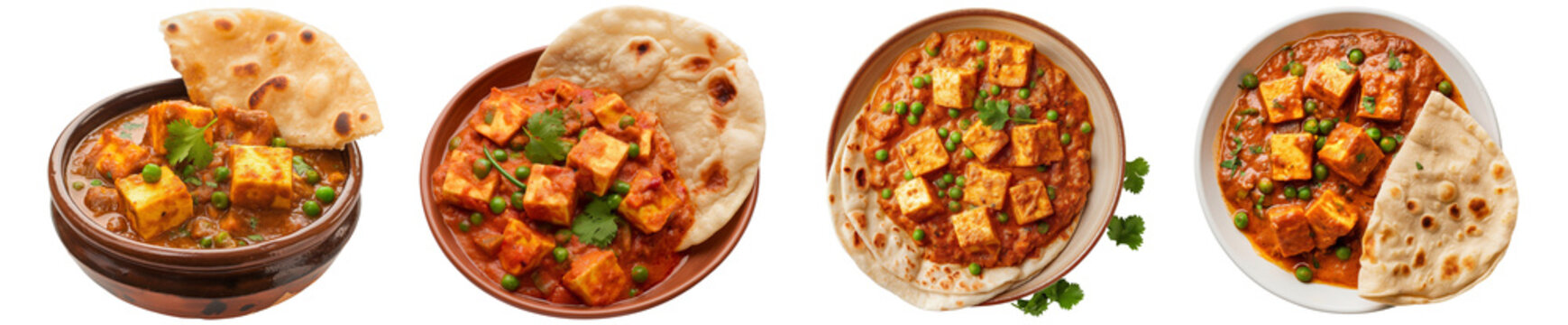 mutter panner with roti in bowl handi, green peas, and cottage cheese curry with bread, isolated transparent png, Indian traditional local food dish