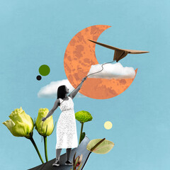 A young woman flies a kite. Art collage.