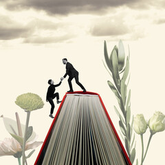 A man helps his partner climb onto a large book. Art collage.