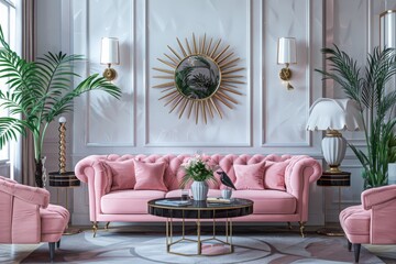 Art Deco interior in classic style with pink sofa and screen.3d rendering