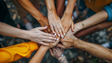Group of multiethnic people joining hands in circle, black background. Many hands of different races and ethnicities