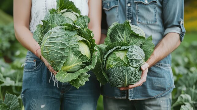 An inspiring scene of female and male horticulturists holding armfuls of freshly harvested savoy cabbage in a picturesque farm field.