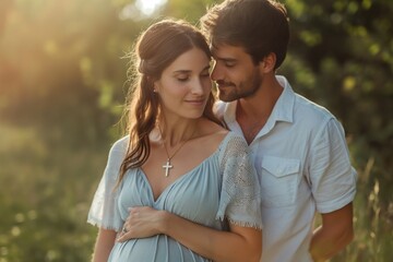 Expectant couple embraces in a sunlit field beautifully captured in a serene, natural setting