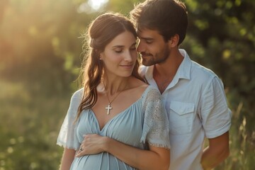 Fototapeta premium Expectant couple embraces in a sunlit field beautifully captured in a serene, natural setting