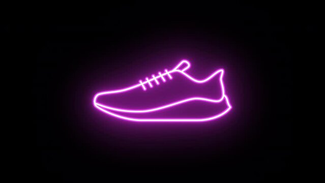 Neon sneaker sign animation, uniform rotation with color blink. Glowing neon 3D sport shoe icon, looped spin with blink. Training footwear, running sneaker, fitness and gym, sport shop. 4 colors