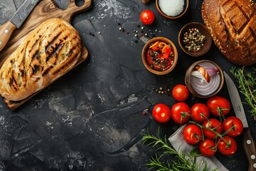 Artistic Culinary Composition on Dark Wood: A Chef's Canvas - Generative AI