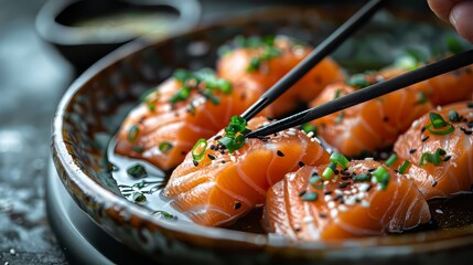 salmon sashimi topped with sesame seeds and green onions, served with soy sauce - Powered by Adobe
