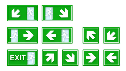 Exit and Fire Escape signs in rendered 3D style on transparent background