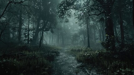 Naklejka premium Dense Of Raining Forest Landscape Wallpaper