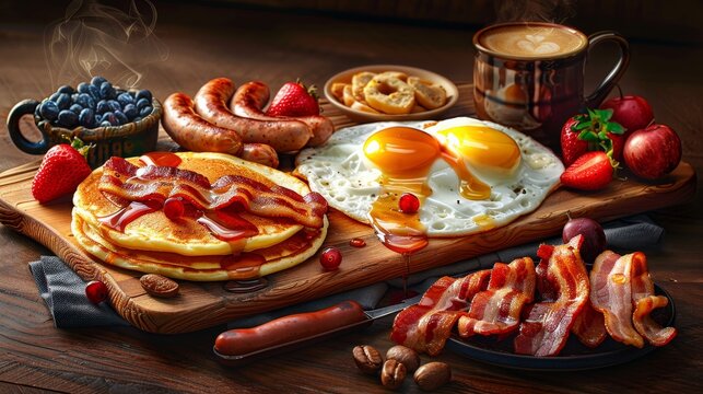 Breakfast Board Bonanza A wooden board overflowing with breakfast favorites like scrambled eggs