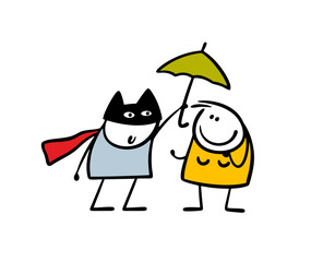 Brave cartoon masked superhero stickman protects a weak woman from the rain, holds an umbrella. Vector illustration of a man and a girl in bad weather together. Isolated on white background.