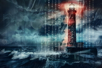 stormy seas lash against a glowing lighthouse under a rain-drenched digital sky