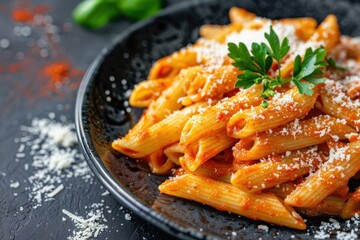 Delicious Penne Pasta with Rich Tomato Sauce and Parmesan on a Dark Plate - Generative AI