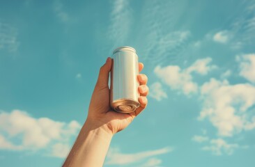 Hand with metal can on sky cloudy background.