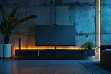 Cabinet mock-up for TV in living room at night the concrete wall. 3d rendering