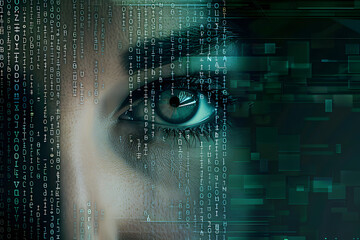 woman's eye with digital code overlay, representing technology and future concepts