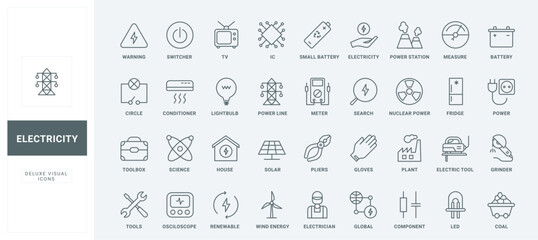 Electric energy and supply thin black and red line icons set vector illustration. Outline toolbox of electrician and household appliances symbols, circuit and high voltage power poles, LED lamp