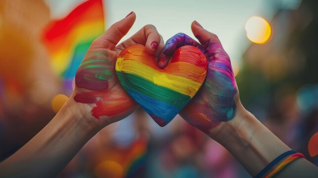 A pair of hands holding a rainbow heart