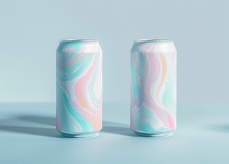 Fototapeta premium Close-up of two different colorful aluminum drink cans on a blue background.