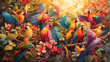 "A flock of vibrant, multicolored birds soar through a lush, tropical paradise, their feathers shimmering in the golden sunlight."