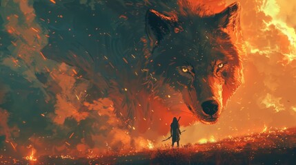The hunter with the bow faced the huge wolf in the fire grassland. digital art style Illustration drawing