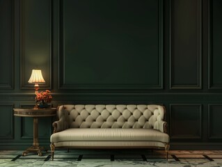Classic interior Art deco style.Sofa with lamp and vase on table.Marble floor.Dark green wall with art deco pattern. 3d rendering