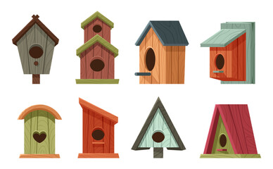 Cartoon wooden bird houses. Colorful isolated forest or garden bird feeders for cold season. Outdoor homes for animals