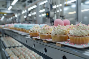 Rows of colorful cupcakes with creamy frosting travel through a factory production line.