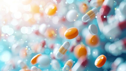 Medical blurred background with flying pills and capsules